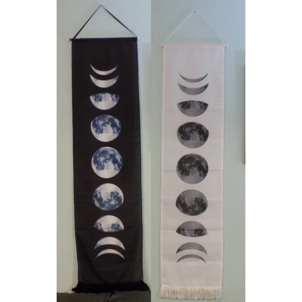 2 Art Print Wall Hanging Scroll Black & White Moon Phase Tapestry Cloth
